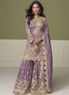 Lavender simar silk embroidered designer Palazzo suit 1