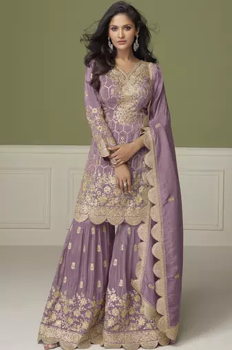 Lavender simar silk embroidered designer Palazzo suit
