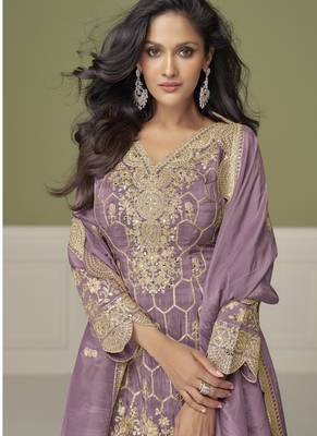 Lavender simar silk embroidered designer Palazzo suit 2