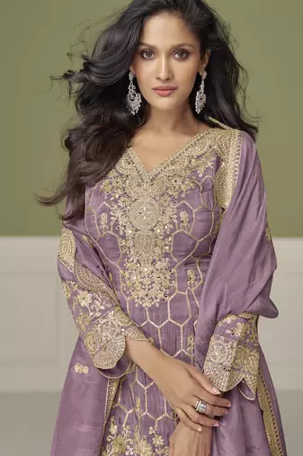 Lavender simar silk embroidered designer Palazzo suit
