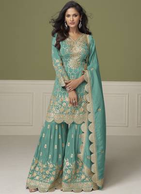 Sea green simar silk embroidered designer Palazzo suit 1