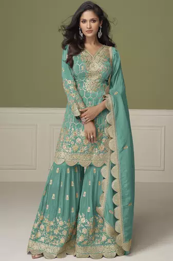 Sea green simar silk embroidered designer plazzo suit