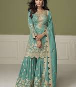 Sea green simar silk embroidered designer Palazzo suit