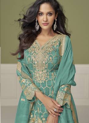 Sea green simar silk embroidered designer Palazzo suit 2