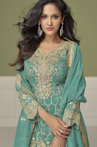 Sea green simar silk embroidered designer Palazzo suit