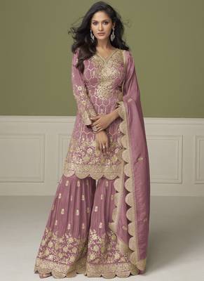 Onion pink simar silk embroidered designer Palazzo suit 1