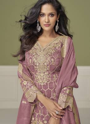 Onion pink simar silk embroidered designer Palazzo suit 2