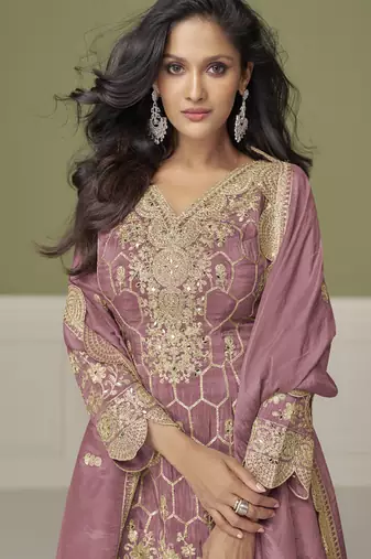 Onion pink simar silk embroidered designer Palazzo suit