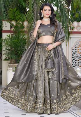 Grey- gold crush fabric sequins embroidery semi-stitched lehenga & unstitched blouse dupatta with bag 1