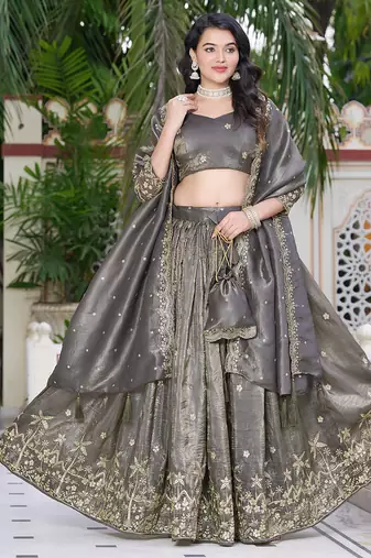 Grey- gold crush fabric sequins embroidery semi-stitched lehenga & unstitched blouse dupatta with bag