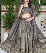 Grey- gold crush fabric sequins embroidery semi-stitched lehenga & unstitched blouse dupatta with bag