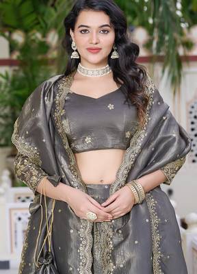 Grey- gold crush fabric sequins embroidery semi-stitched lehenga & unstitched blouse dupatta with bag 2