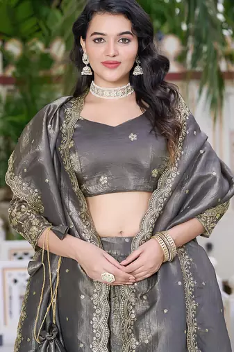 Grey- gold crush fabric sequins embroidery semi-stitched lehenga & unstitched blouse dupatta with bag