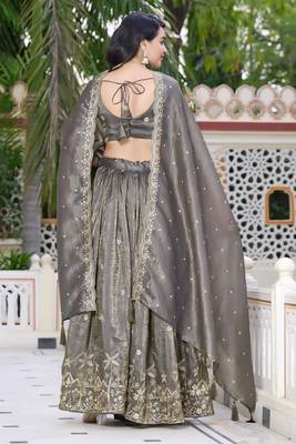Grey- gold crush fabric sequins embroidery semi-stitched lehenga & unstitched blouse dupatta with bag 4