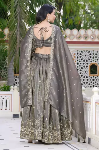 Grey- gold crush fabric sequins embroidery semi-stitched lehenga & unstitched blouse dupatta with bag