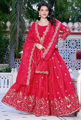 Rani-pink - gold crush fabric sequins embroidery semi-stitched lehenga & unstitched blouse dupatta with bag 1