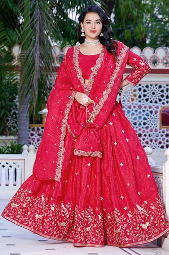 Rani-pink - gold crush fabric sequins embroidery semi-stitched lehenga & unstitched blouse dupatta with bag