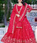 Rani-pink - gold crush fabric sequins embroidery semi-stitched lehenga & unstitched blouse dupatta with bag