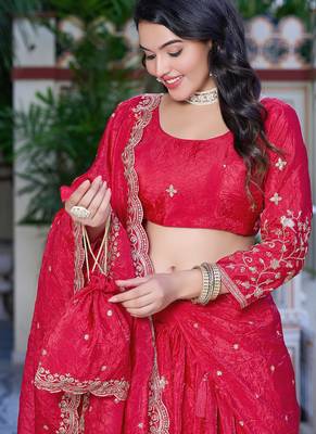 Rani-pink - gold crush fabric sequins embroidery semi-stitched lehenga & unstitched blouse dupatta with bag 2