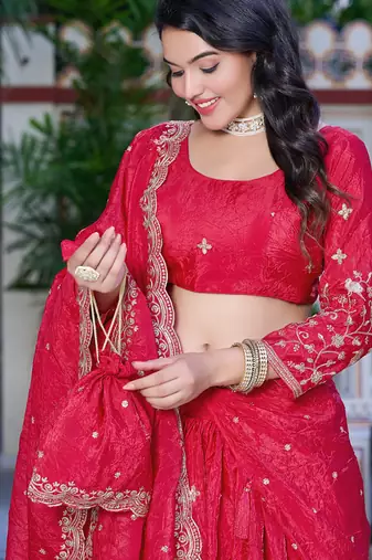 Rani-pink - gold crush fabric sequins embroidery semi-stitched lehenga & unstitched blouse dupatta with bag
