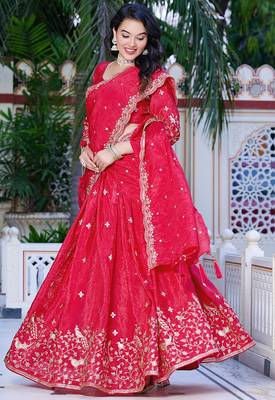 Rani-pink - gold crush fabric sequins embroidery semi-stitched lehenga & unstitched blouse dupatta with bag 3