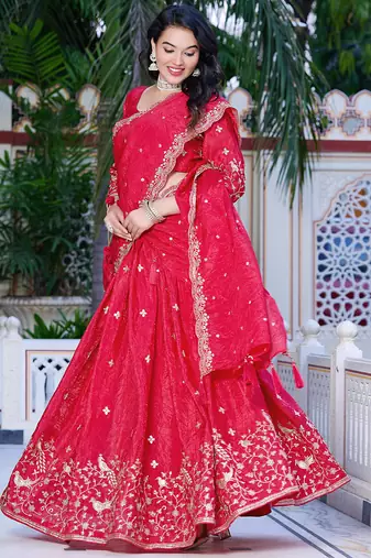 Rani-pink - gold crush fabric sequins embroidery semi-stitched lehenga & unstitched blouse dupatta with bag