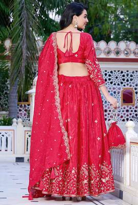Rani-pink - gold crush fabric sequins embroidery semi-stitched lehenga & unstitched blouse dupatta with bag 4