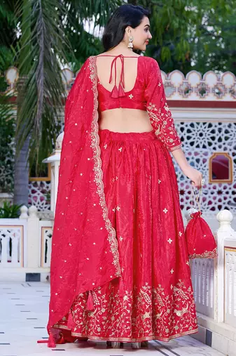 Rani-pink - gold crush fabric sequins embroidery semi-stitched lehenga & unstitched blouse dupatta with bag