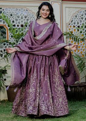 Lavender - gold crush fabric sequins embroidery semi-stitched lehenga & unstitched blouse dupatta with bag 1