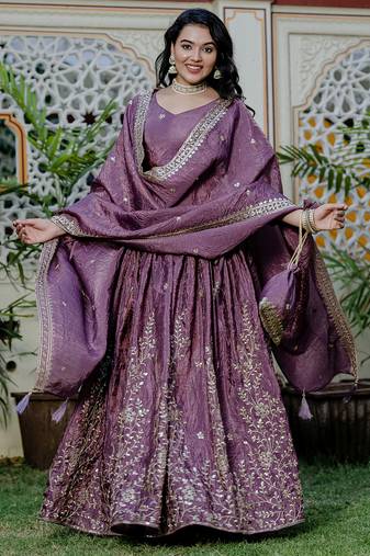 Lavender - gold crush fabric sequins embroidery semi-stitched lehenga & unstitched blouse dupatta with bag