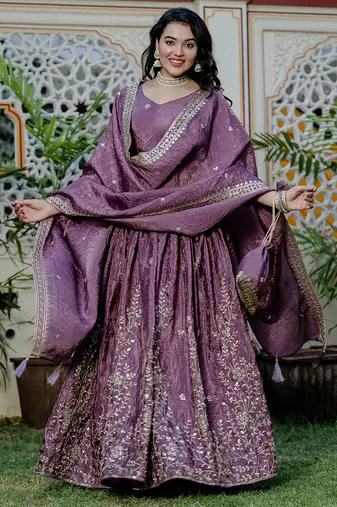 Lavender - gold crush fabric sequins embroidery semi-stitched lehenga & unstitched blouse dupatta with bag