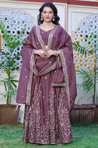 Lavender - gold crush fabric sequins embroidery semi-stitched lehenga & unstitched blouse dupatta with bag
