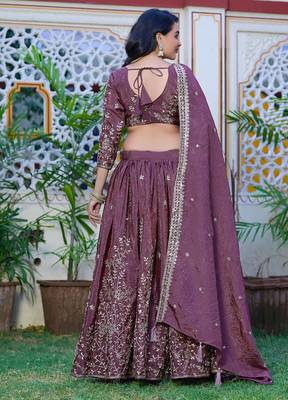 Lavender - gold crush fabric sequins embroidery semi-stitched lehenga & unstitched blouse dupatta with bag 3