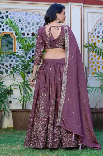 Lavender - gold crush fabric sequins embroidery semi-stitched lehenga & unstitched blouse dupatta with bag