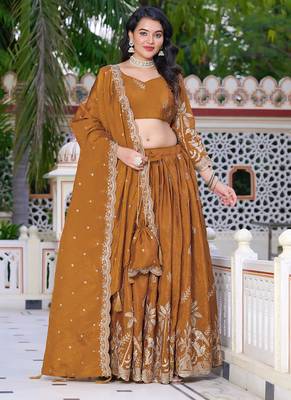 Mustard - gold crush fabric sequins embroidery semi-stitched lehenga & unstitched blouse dupatta with bag 1