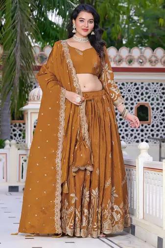 Mustard - gold crush fabric sequins embroidery semi-stitched lehenga & unstitched blouse dupatta with bag