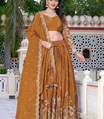 Mustard - gold crush fabric sequins embroidery semi-stitched lehenga & unstitched blouse dupatta with bag