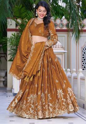 Mustard - gold crush fabric sequins embroidery semi-stitched lehenga & unstitched blouse dupatta with bag 2