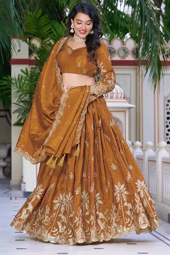 Mustard - gold crush fabric sequins embroidery semi-stitched lehenga & unstitched blouse dupatta with bag