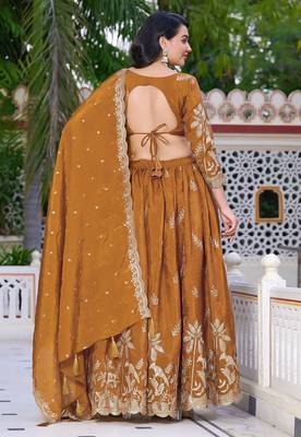 Mustard - gold crush fabric sequins embroidery semi-stitched lehenga & unstitched blouse dupatta with bag 4