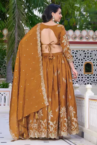 Mustard - gold crush fabric sequins embroidery semi-stitched lehenga & unstitched blouse dupatta with bag