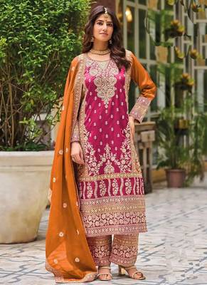 Pink chinon silk embroidered designer Palazzo suit 1
