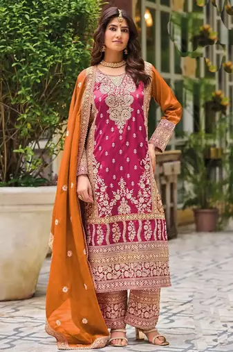 Pink chinon silk embroidered designer Palazzo suit