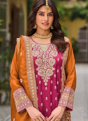 Pink chinon silk embroidered designer Palazzo suit 2