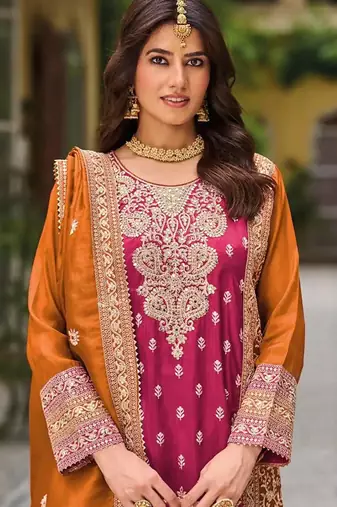 Pink chinon silk embroidered designer Palazzo suit