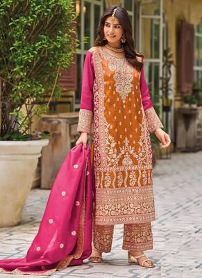 Orange chinon silk embroidered designer Palazzo suit 1