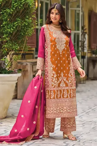 Orange chinon silk embroidered designer plazzo suit