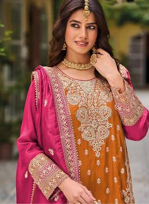 Orange chinon silk embroidered designer Palazzo suit 2