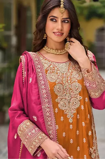 Orange chinon silk embroidered designer Palazzo suit