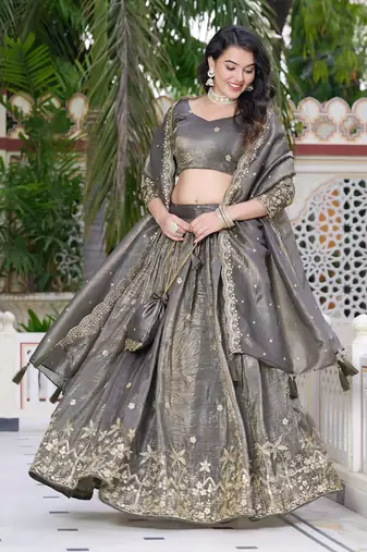 Grey- gold crush fabric sequins embroidery semi-stitched lehenga & unstitched blouse dupatta with bag